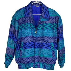 Vintage 80s 90s Silk Windbreaker Jacket Womens Medium Geometric Turquoise Blue